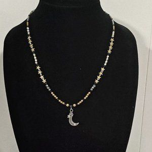 Handmade Tritone 21" Crystal & Beaded Necklace Moon & Stars